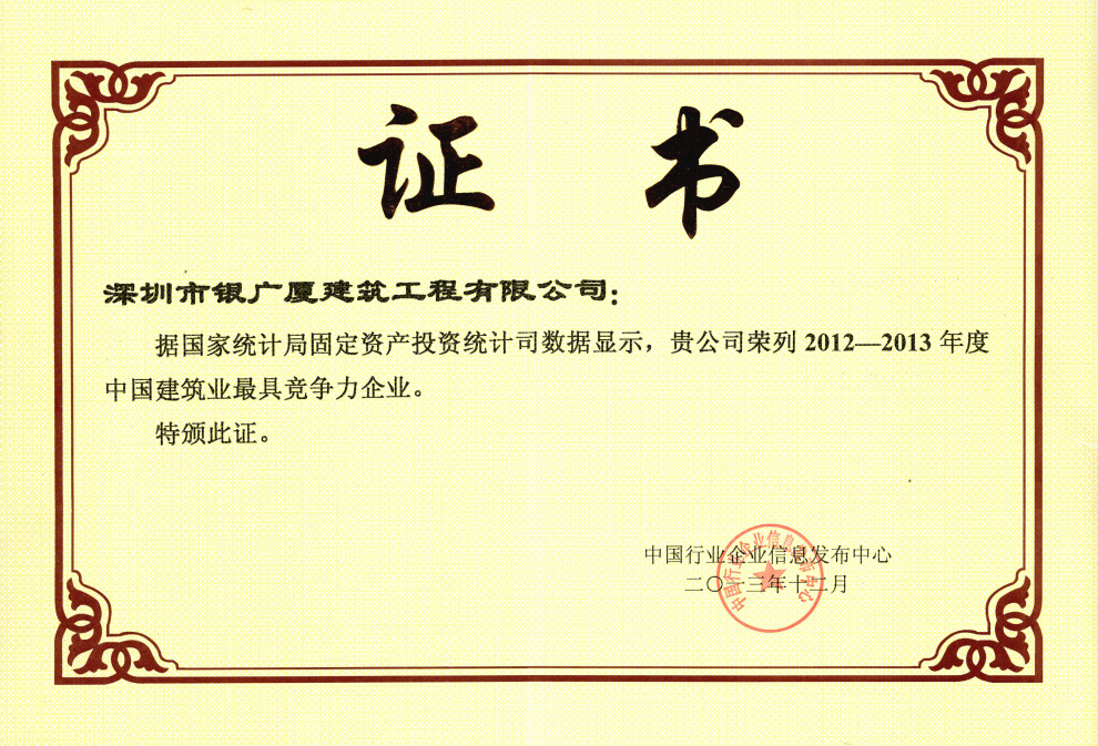 15.2012-2013年度中国建筑业最具竞争力企业(证书)